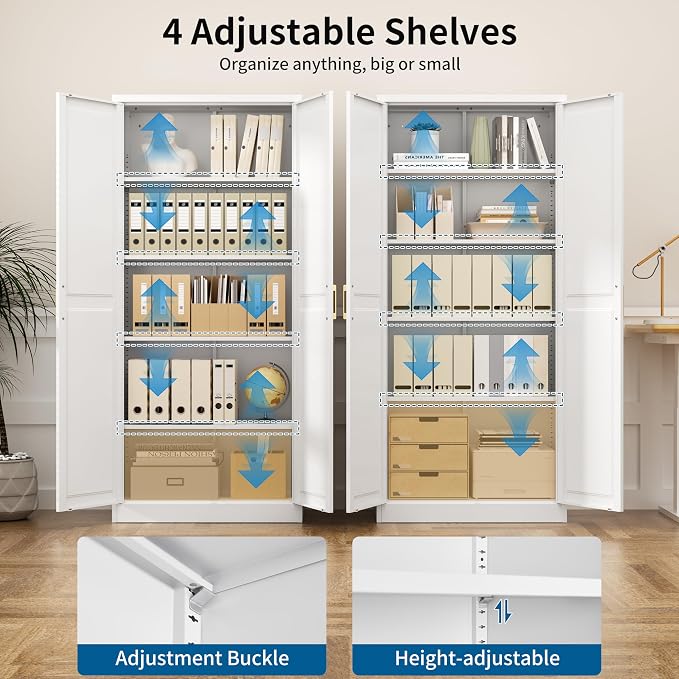 71" Metal Storage Cabinet with 4 Adjustable Shelves, White & Gold Tall Kitchen Pantry Cabinet, 180 lbs Load Per Shelf, Heavy Duty Steel Utility Organizer, Magnetic Catch