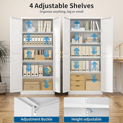 71" Metal Storage Cabinet with 4 Adjustable Shelves, White & Gold Tall Kitchen Pantry Cabinet, 180 lbs Load Per Shelf, Heavy Duty Steel Utility Organizer, Magnetic Catch