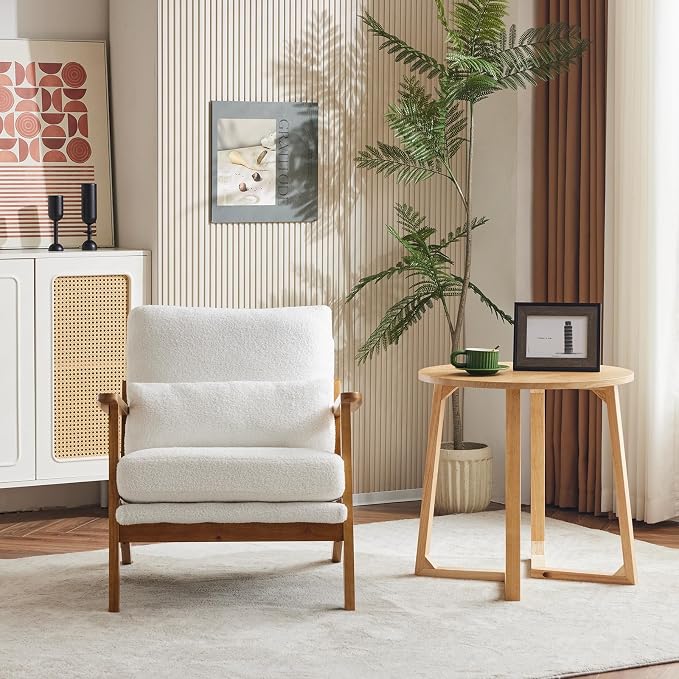 Karl home Mid-Century Lounge Accent Chair, White | Wide Curved Armrest, Teddy Fleece, Lumbar Pillow Included, Solid Wood Frame, For Living Room, Bedroom, Balcony, Apartment