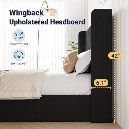 Allewie Queen Size Lift-Up Storage Bed Frame with Modern Wingback Headboard, Corduroy Upholstered Platform Bed, Hydraulic Gas Lift Support, Underbed Storage, Wooden Slats, No Box Spring Needed, Black