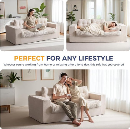MAXYOYO Oversized Loveseat Sofa Couch, Upholstered Bean Bag Chair Cloud 3-Seat for Adults, Boneless Couch with Tufted Cushion & Pillows, Sofa in A Box, No Assembly Required, Beige