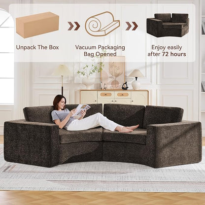 WUTUTUEE 139'' Curved Round Boneless Couch, Oversized Cloud Sofa with Deep Seat & Arms, Chenille Modular Sectional Sofa with Pillows, Upholstered Comfy 6 Seat Couch for Living Room, Brown