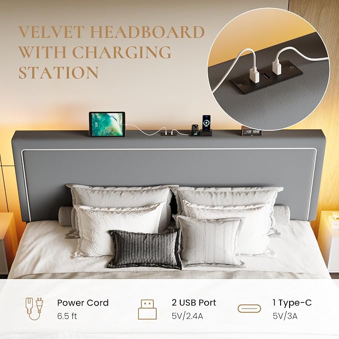 SHA CERLIN King Size Hydraulic Lift-Up Storage Platform Bed Frame with Charging Station, RGB LED Lights, Adjustable Velvet Headboard, USB-A and USB-C Ports, No Box Spring Needed, Grey