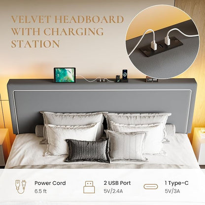 SHA CERLIN King Size Hydraulic Lift-Up Storage Platform Bed Frame with Charging Station, RGB LED Lights, Adjustable Velvet Headboard, USB-A and USB-C Ports, No Box Spring Needed, Grey