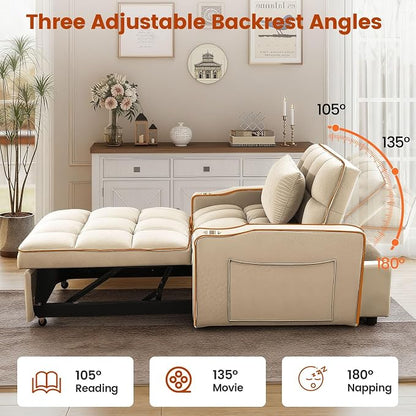 Convertible Sleeper Chair, Chairs Bed Sleepers for Adults, Pull Out Chair Sleeper with Bracket and Cup Holder, 3 in 1 Sofa Bed Chairs for Small Spaces, Living Room, White