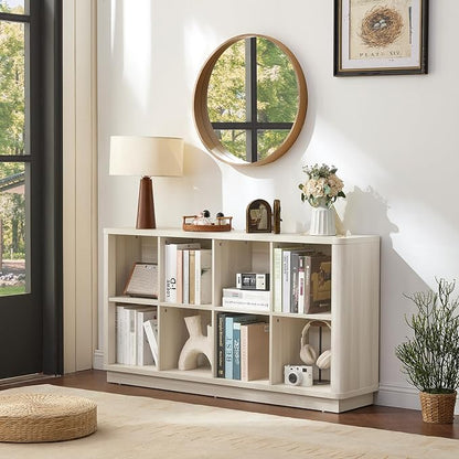 Joaxswe 8 Cube Storage Bookcase, 52" Long Horizontal Book Shelf w/Curved Edge, Wood Low 2-Tier Cubby Console Bookshelf with Base, Modern Floor Standing TV Stand for Living Room, Gray-White Cream Oak