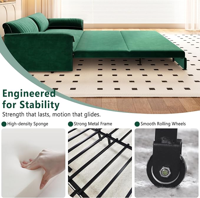 63.8" Sofa Bed Queen Size, Pull Out Couch Bed, 3-in-1 Convertible Sleeper Sofa with Side Pocket, Modern Velvet Futon Couch for Living Room, Small Space, Apartment, Bedroom, Green