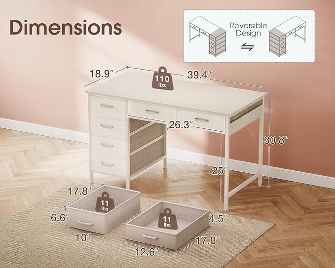 Casaottima 40 Inch Small Computer Desk with 6 Drawers, Reversible Storage Desk for Home Office, Work Study Table for Bedroom, White
