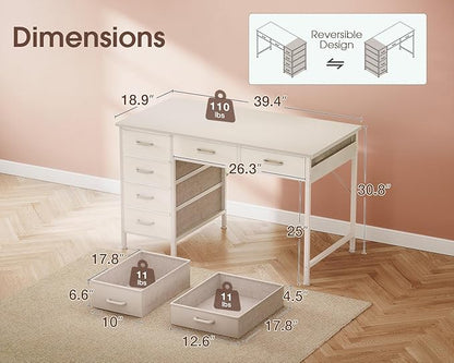 Casaottima 40 Inch Small Computer Desk with 6 Drawers, Reversible Storage Desk for Home Office, Work Study Table for Bedroom, White