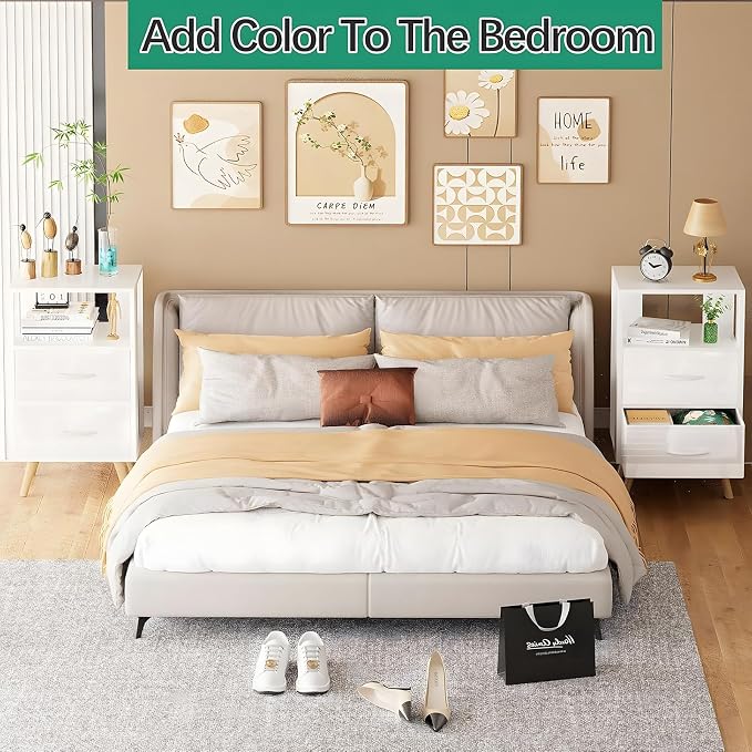 Aenuert Night Stand, White Nightstand with Fabric Drawers, Wooden Side Table with Open Storage, 3-Tier Modern End Table, Bedside Table for Small Space, Living Room, Bedroom