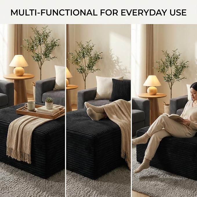 Oversized Boneless Ottoman for Living Room – Plush Square Corduroy Upholstered Couch Ottoman, Modern Low-Profile Footrest for Sectional & Modular Sofa-Black