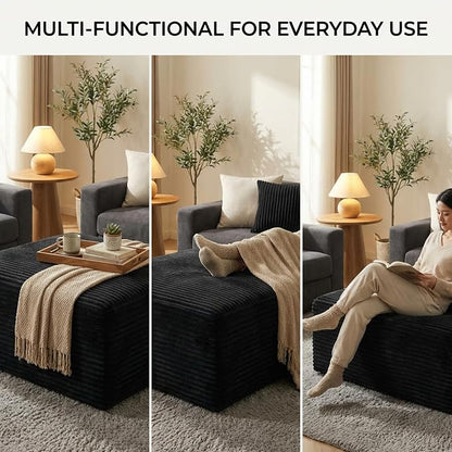 Oversized Boneless Ottoman for Living Room – Plush Square Corduroy Upholstered Couch Ottoman, Modern Low-Profile Footrest for Sectional & Modular Sofa-Black