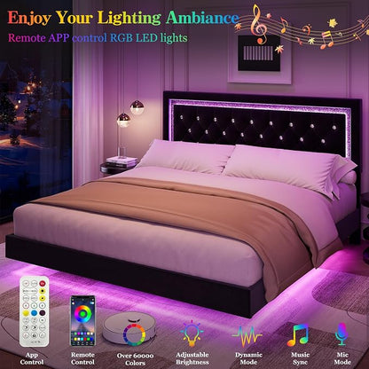 Garvee Floating Bed Frame King Size with Smart Led Lights, Upholstered Platform Bed with Diamond Headboard, Solid Wood Slats Support, No Box Spring Needed, Noise-Free, Easy Assembly, Black