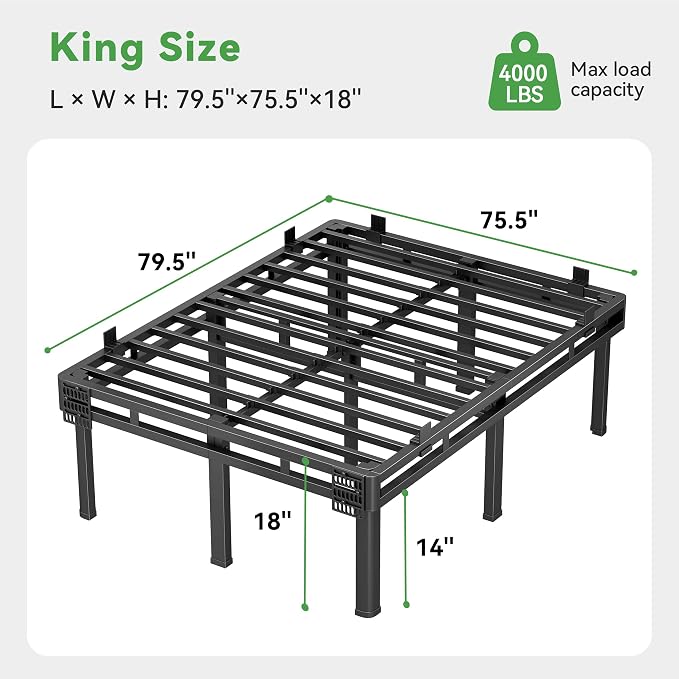 Superay King Bed Frame, 18 inch Metal Bed Frame & Box Spring 2 in 1 Design, Double Layer Bed Frame with Rounded Legs, Heavy Duty Platform Support 4000lbs, with Matress Gasket & headboard Adapter