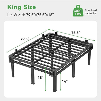 Superay King Bed Frame, 18 inch Metal Bed Frame & Box Spring 2 in 1 Design, Double Layer Bed Frame with Rounded Legs, Heavy Duty Platform Support 4000lbs, with Matress Gasket & headboard Adapter