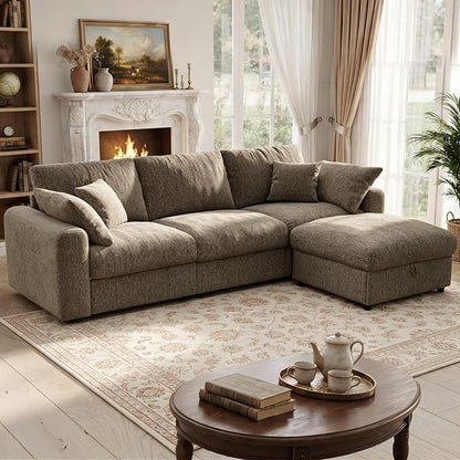 Ihanherry Cloud Sectional Couches for Living Room, 110" Large Modular Sectional Sofa with Wide Deep Seat, L Shaped Couch with Throw Pillow and Storage Ottoman, Brown