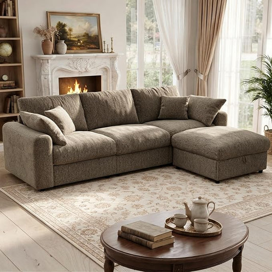 Ihanherry Cloud Sectional Couches for Living Room, 110" Large Modular Sectional Sofa with Wide Deep Seat, L Shaped Couch with Throw Pillow and Storage Ottoman, Brown