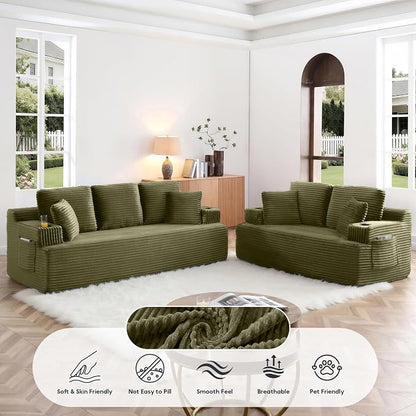 Boneless Sofa Couch Set with Cup Holders & Side Pockets, Modern Corduroy Fabric Upholstered 3-seat Couch & Loveseat Set with 4 Throw Pillows for Living Room, Office, No Assembly (Green)