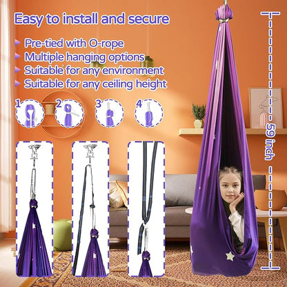 Sensory Swing for Kids and Adults Indoor & Outdoor Double Layer Therapy Cuddle Holds up to 300lbs Adjustable Hammock Chair with 360° Swivel Hanger Kit Effect for Aspergers Autism ADHD(Galaxy Purple)