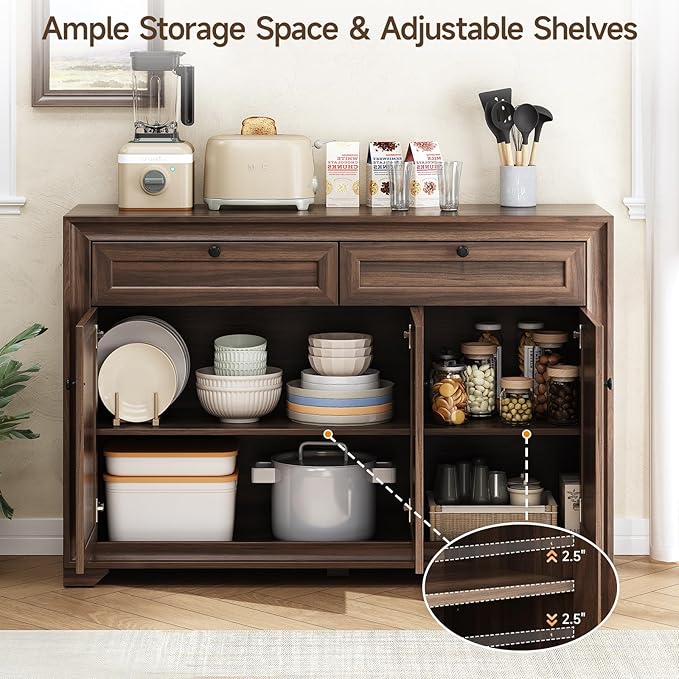 ONBRILL 48 Inches Sideboard Buffet Cabinet with Storage, Farmhouse Sideboard with 2 Drawers and 3 Doors, Wood Coffee Bar Cabinet with Adjustable Shelves for Living Room, Kitchen, Hallway, Brown