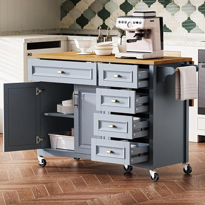 Large Kitchen Island with Rubber Wood Drop Leaf, Rolling Kitchen Cart with Ample Storage on Wheels with Doors and Drawers, Embossed Texture for Dining Room (52Inch, Grey, Golden Handle)