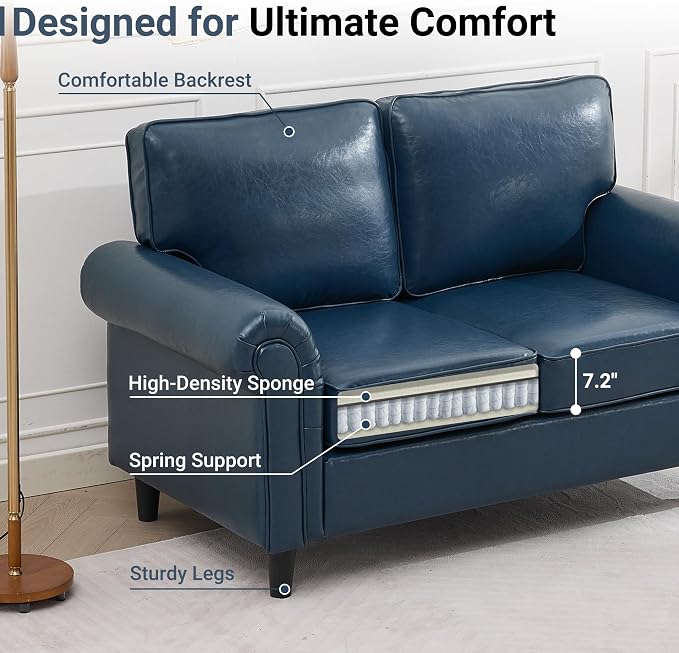Kingfun Loveseat 2 Seater Couch, Mid Century Modern Faux Leather Sofa with Rolled Arms and Deep Seats, Fluffy Comfort for Living Room, Apartment, Easy Assembly, Blue