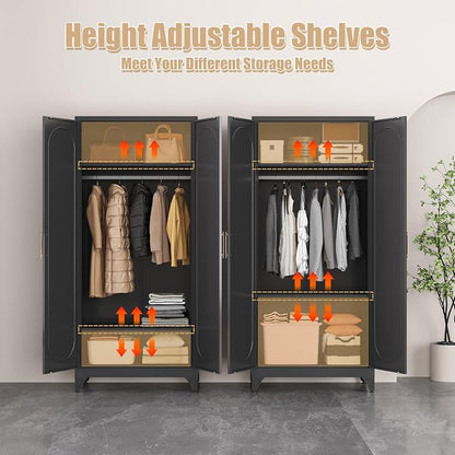 Armoire Wardrobe Closet, 71" Tall Metal Storage Cabinet with Hanging Rod and Adjustable Shelves, Clothes Wardrobe Cabinet, Black Armoires, Steel Closet for Bedroom, Bathroom, Office, School