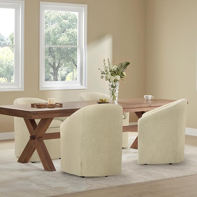 KISLOT Upholstered Dining Chairs with Casters, Washable Cover Modern Dining Room Chairs with Barrel Backrest & Dual Armrest for Kitchen, Living Room, Bedroom, Sand Fabric, 4PCS