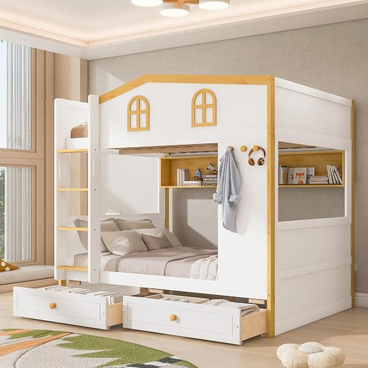 Bellemave Bunk beds Full Over Full with Twin Size Drawers, Low bunk Bed for Kids Adults and Teenagers，White