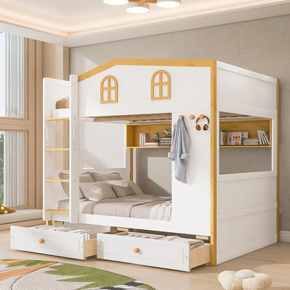 Merax Full Over Full Size House Bunk Bed with Storage Shelves & 2 Drawers, Solid Wood Space-Saving Loft Bed Frame with Safety Guardrails for Bedroom, White+Natural