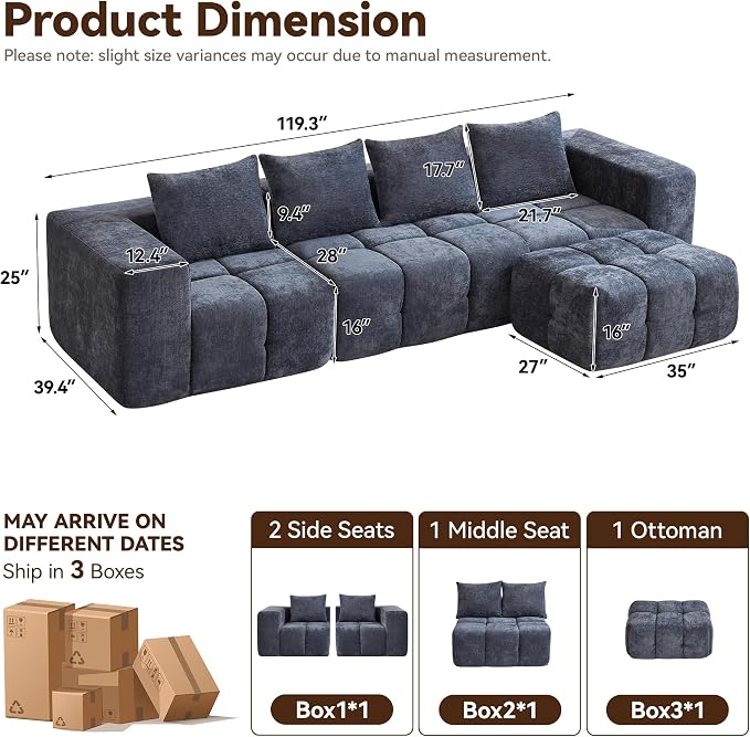 119" Boneless Couch, Oversized Cloud L Shaped Couch, Modular Sectional 4 Seater Sofa with Deep Seat, Modern Sectional Memory Foam Couches for Living Room, Tufted Sofa, No Assembly Required, Blue
