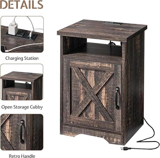 LUXOAK 3-Piece Farmhouse Living Room Table Sets, Includes 1 x Coffee Table, 2 x End Tables with Charging Station & USB Ports, Rustic Coffee Table Set of 3, Black Oak