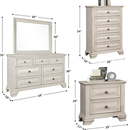 Roundhill Furniture Renova Distressed Parchment Wood Bedroom Set, King Panel Bed, Dresser, Mirror, Nightstand, Chest