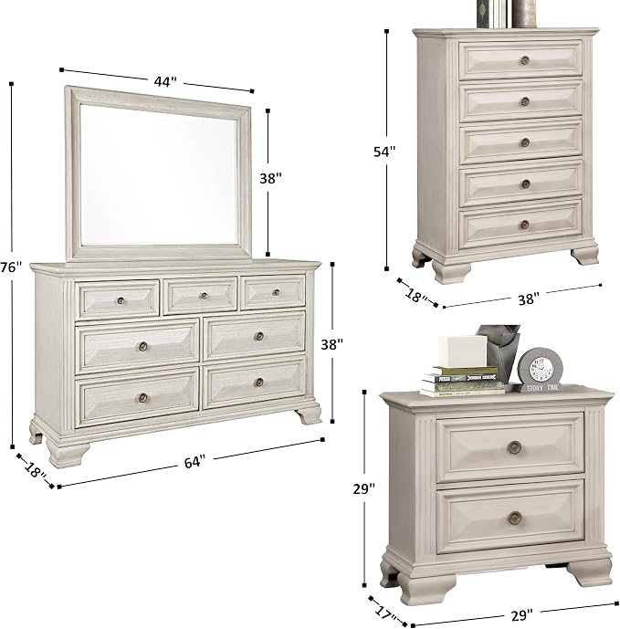 Renova Distressed Parchment Wood Bedroom Set, Panel Bed, Dresser, Mirror, Two Nightstands, Chest