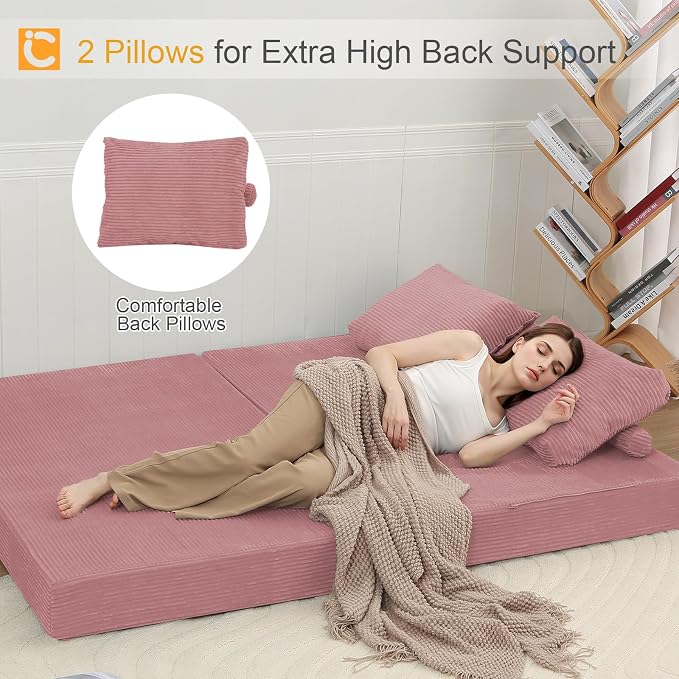 COMAX Futon Sofa Bed, Convertible Sofa Bed, Folding Boneless Couches | Boneless Couch for living room, 4‑in‑1 Fold Out Small Foldable Loveseat Floor Sleeper Mattress Lounge Space‑Saving, Pink