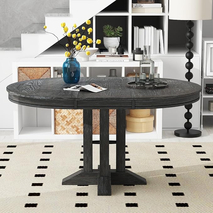 LUMISOL 42"-58" Extendable Round Dining Table for 4-6, Farmhouse Oval Kitchen Table with Removable Leaf for Kitchen, Dining Table, Small Space, Black