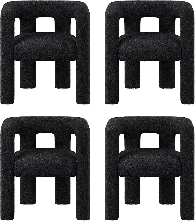 BELLEZE Modern Boucle Barrel Dining Chair Set of 4, Upholstered Linen Kitchen Boucle Armchair with Sidearms and Back, for Dining Room Living Room- Black