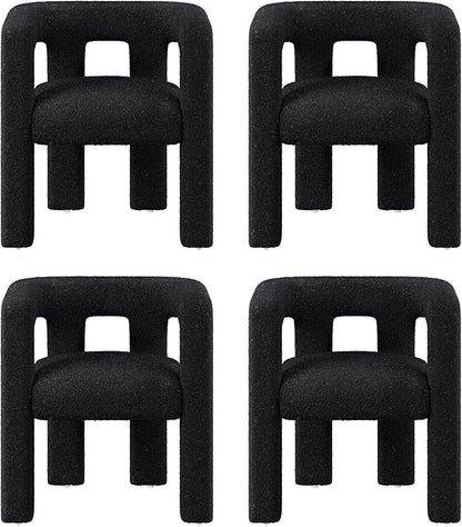 BELLEZE Modern Boucle Barrel Dining Chair Set of 4, Upholstered Linen Kitchen Boucle Armchair with Sidearms and Back, for Dining Room Living Room- Black