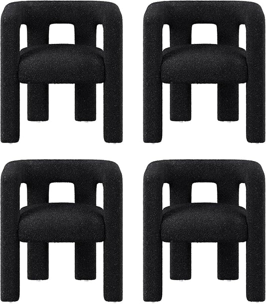 BELLEZE Modern Boucle Barrel Dining Chair Set of 4, Upholstered Linen Kitchen Boucle Armchair with Sidearms and Back, for Dining Room Living Room- Black