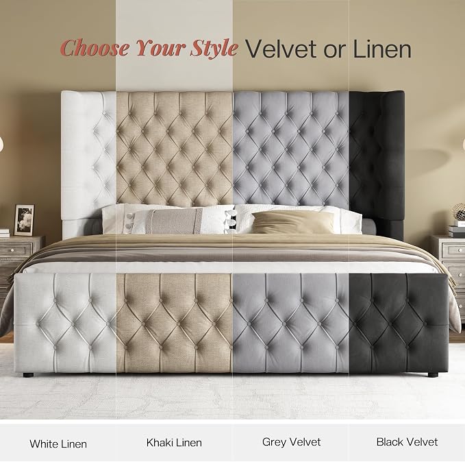 Jocisland California King Size Upholstered Bed Frame with 6.3-Inch Curved Wingback Headboard, Tufted Footboard, Wood Slats, No Box Spring Needed, Black Velvet