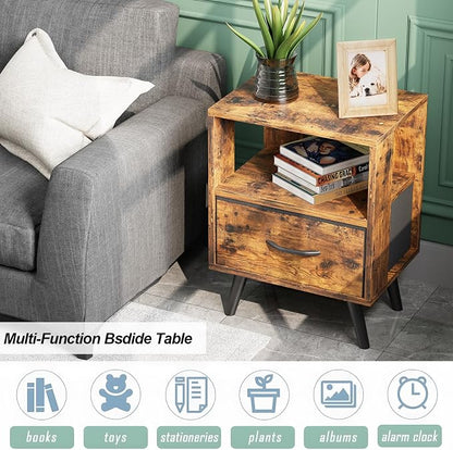 Aenuert Night Stand, Brown Nightstand with Drawer, Side Table with Open Storage, 2-Tier Modern End Table, Bedside Table for Small Space, Living Room, Bedroom