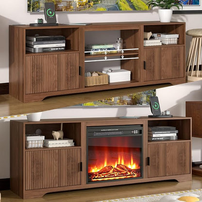 Fireplace TV Stand for Television up to 80 Inch,Entertainment Center with Adjustable Shelf,Mid-Century Modern Fluted TV Stand with 23" Electric Fireplace,Media Console for Living Room,Bedroom