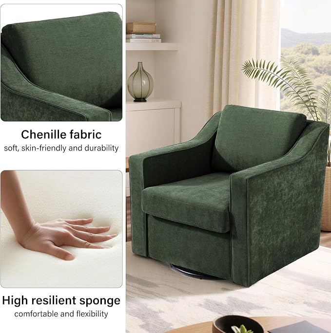 Swivel Accent Chair, Modern Round Barrel Arm Chair for Living Room, Bedroom, Comfy Club Reading Chairs for Adults (Chenille Green, Set of 1)