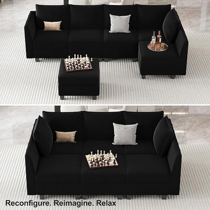 Belffin Modular Sectional Sofa Sleeper Couch with Storage Velvet Sectional Sofa Bed, 6 Seats, Black