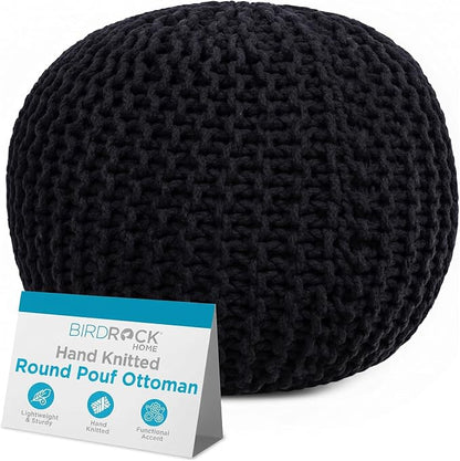 BIRDROCK HOME Round Pouf Ottoman Foot Rest - 18.5”x18.5”x15” Boho Compact Comfortable Soft Cotton Braided Foot Stool with Bean Bag Filling for Living Room, Bedroom, or Nursery (Black)