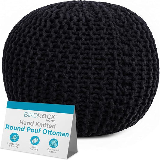 BIRDROCK HOME Round Pouf Ottoman Foot Rest - 18.5”x18.5”x15” Boho Compact Comfortable Soft Cotton Braided Foot Stool with Bean Bag Filling for Living Room, Bedroom, or Nursery (Black)