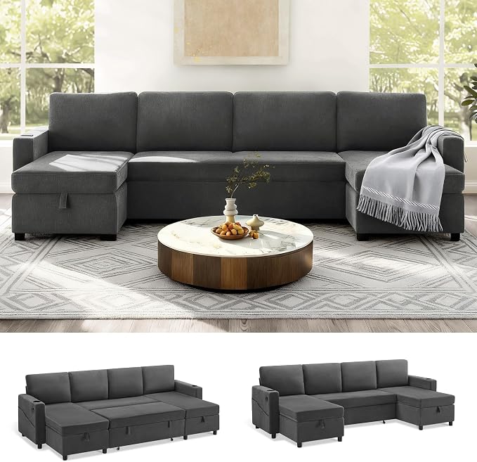 KISLOT 110 Inch Sectional Sleeper Sofa with Pull Out Bed Convertible Plush 2 in 1 Couch with Storage Chaise & USB Charging Comfy L Shaped Modular Couches for Living Room Apartment(3 Box)