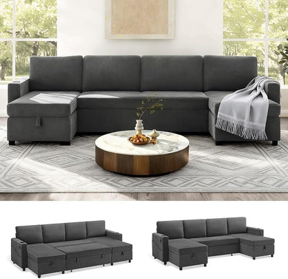 KISLOT 110 Inch Sectional Sleeper Sofa with Pull Out Bed Convertible Plush 2 in 1 Couch with Storage Chaise & USB Charging Comfy L Shaped Modular Couches for Living Room Apartment(3 Box)