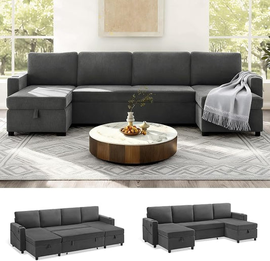 KISLOT 110 Inch Sectional Sleeper Sofa with Pull Out Bed Convertible Plush 2 in 1 Couch with Storage Chaise & USB Charging Comfy L Shaped Modular Couches for Living Room Apartment(3 Box)