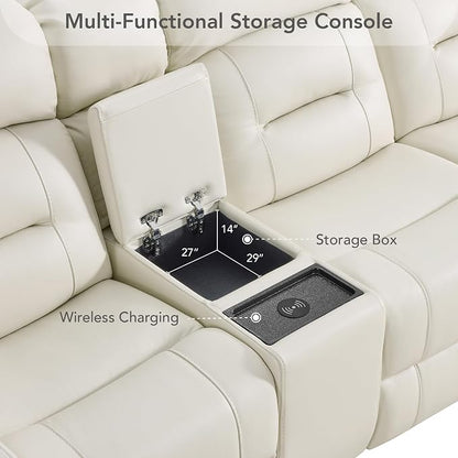 Watson & Whitely Genuine Leather Power Recliner Sofa, Lay Flat Reclining Sofa with Storage Console, Power Headrest & Cup Holders, 3 Seater Electric Reclining Couch for Living Room, Cream